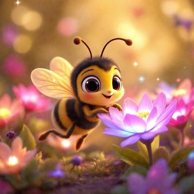 The primary subject of the image is a small, cute bee with a smile on its face. The bee is holding a flower in its mouth, and it appears to be flying through a field of flowers. The setting is a beautiful garden with a variety of flowers, creating a vibrant and lively atmosphere. The visual style of the image is a combination of digital art and illustration, giving it a whimsical and charming appearance. The colors and mood of the image are predominantly bright and cheerful,